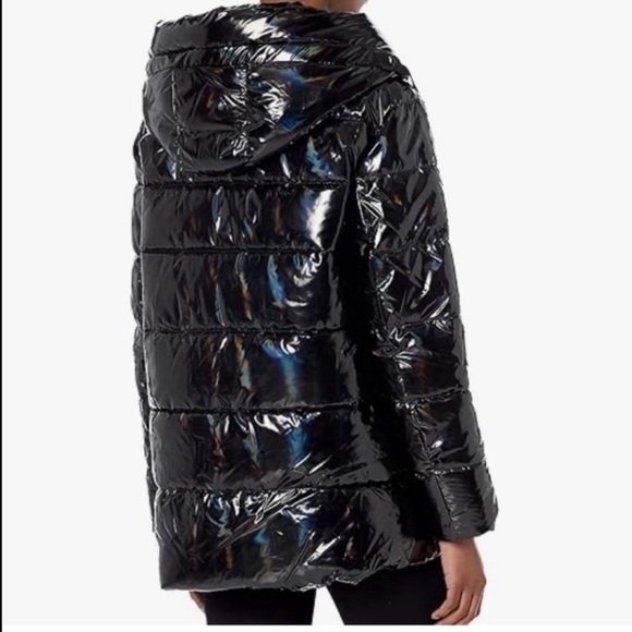 $320 DKNY Women's Water Resistant Patent Leather Glossy Puffer Jacket Black L - Picture 11 of 11